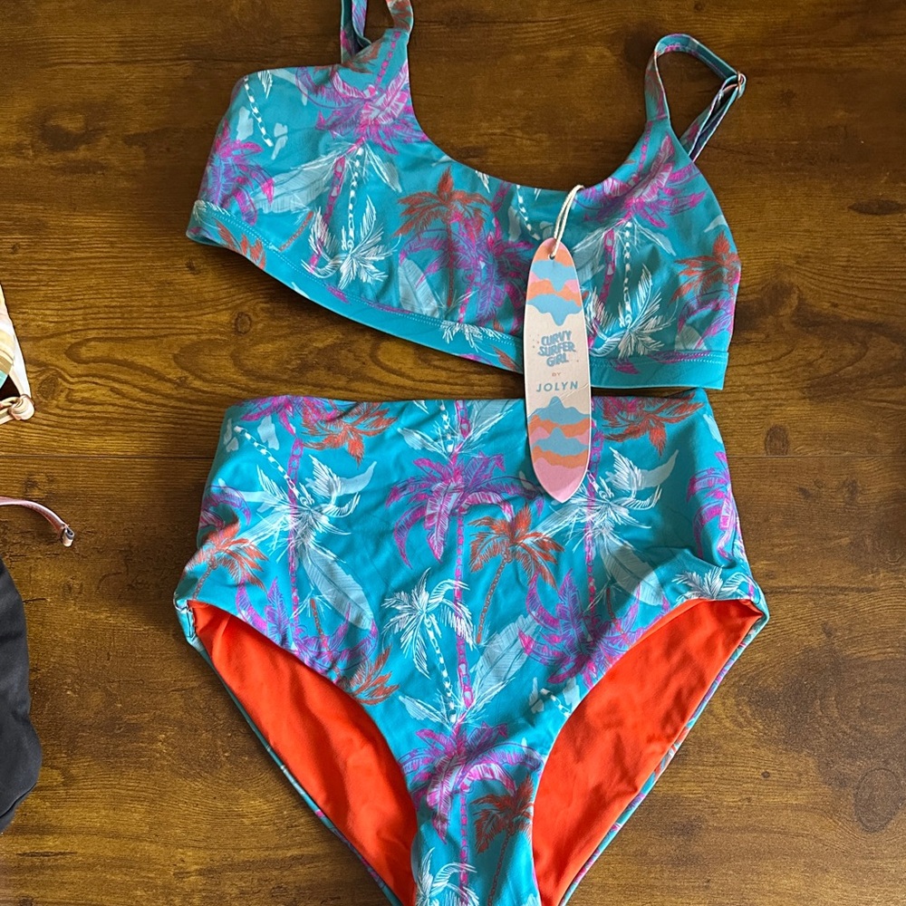Jolyn Clothing Kids Palm Print Bikini - Teal and Coral